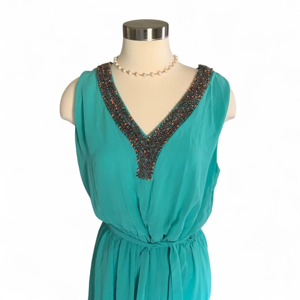 Thalia Sodi Teal Beaded Mini Dress Sleeveless Tie Waist Hi Low Turquoise XL - Picture 8 of 8